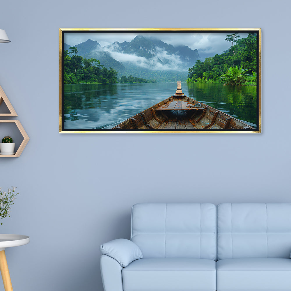 Premium Wooden Boat in Misty Mountain Lake Canvas Painting - Nature Wall Art for Living Room