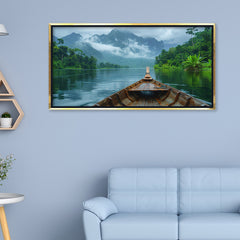 Premium Wooden Boat in Misty Mountain Lake Canvas Painting - Nature Wall Art for Living Room