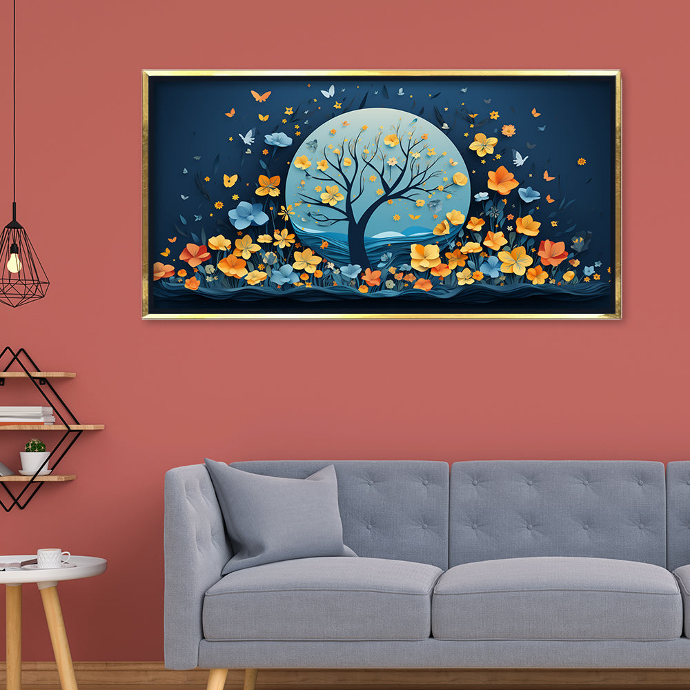 Premium Night Flower Tree Canvas Art | Blue and Orange Floral Moon Print
