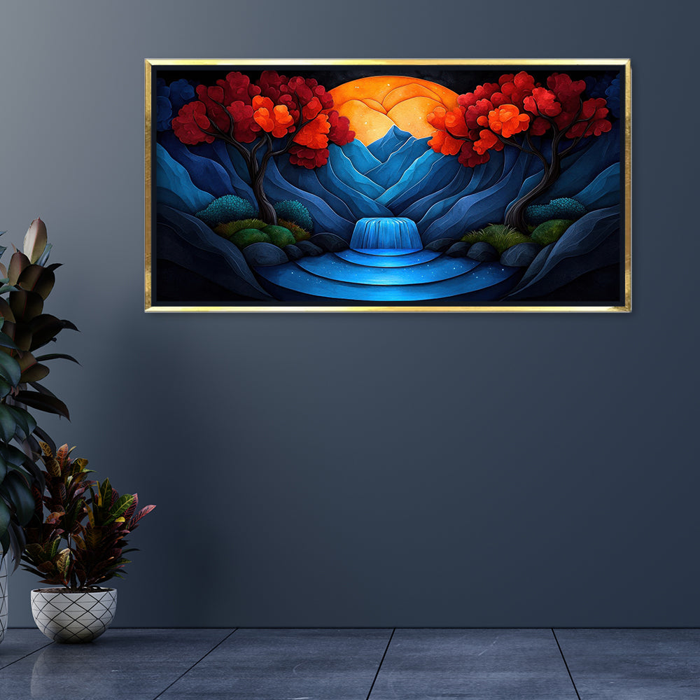 Crimson Tree & Indigo Mountain: High-Contrast Abstract Landscape – Premium Modern Wall Decor