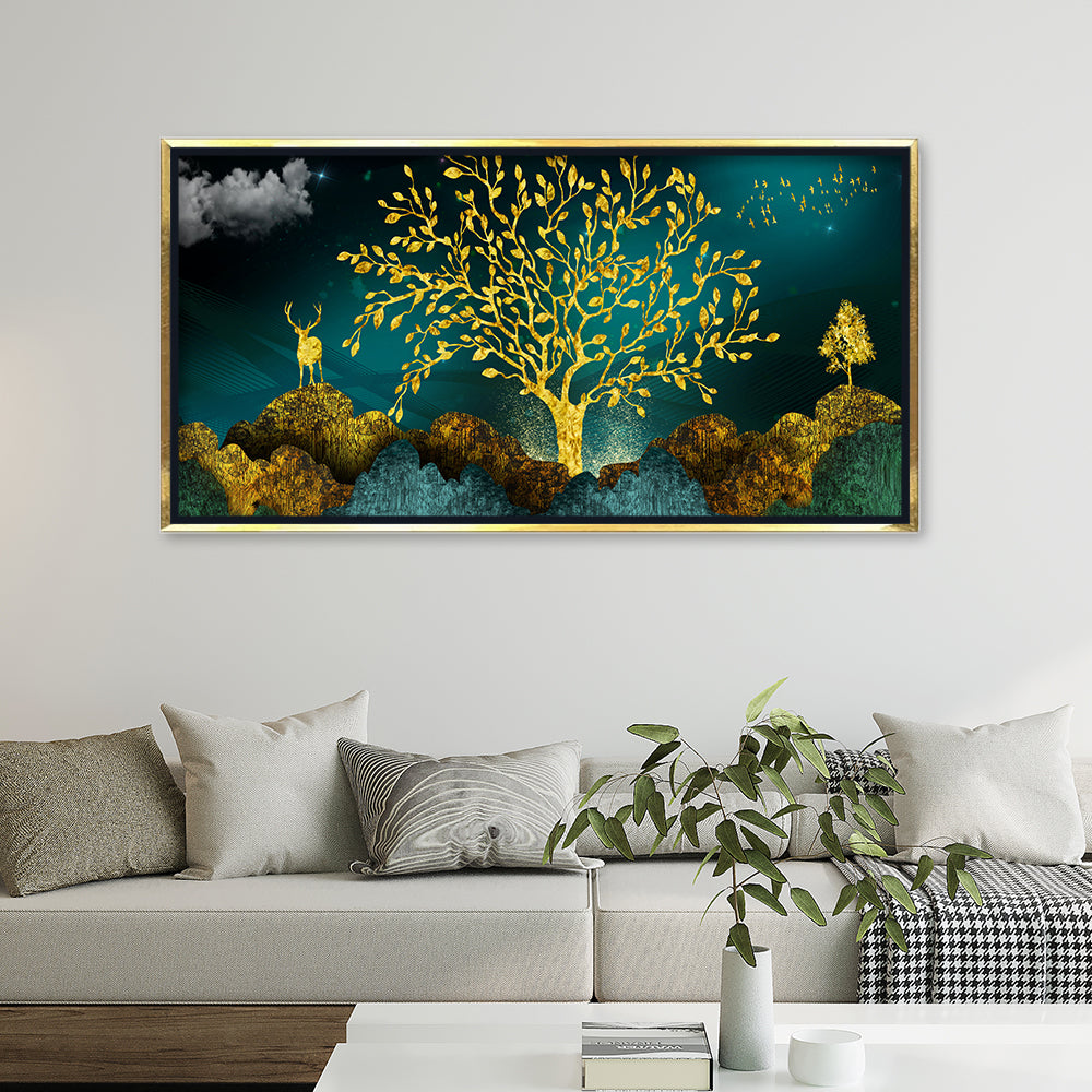 Premium Luxury Gilded Golden Tree and Stag Abstract Wall Art | Dark Teal Textured Landscape Canvas