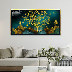 Premium Luxury Gilded Golden Tree and Stag Abstract Wall Art | Dark Teal Textured Landscape Canvas