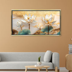 Premium 3D White Lotus Flower Wall Art | Gold Accented Floral Canvas Print