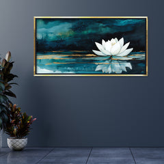 Premium White Lotus Flower Canvas Art | Deep Teal and Gold Abstract Painting