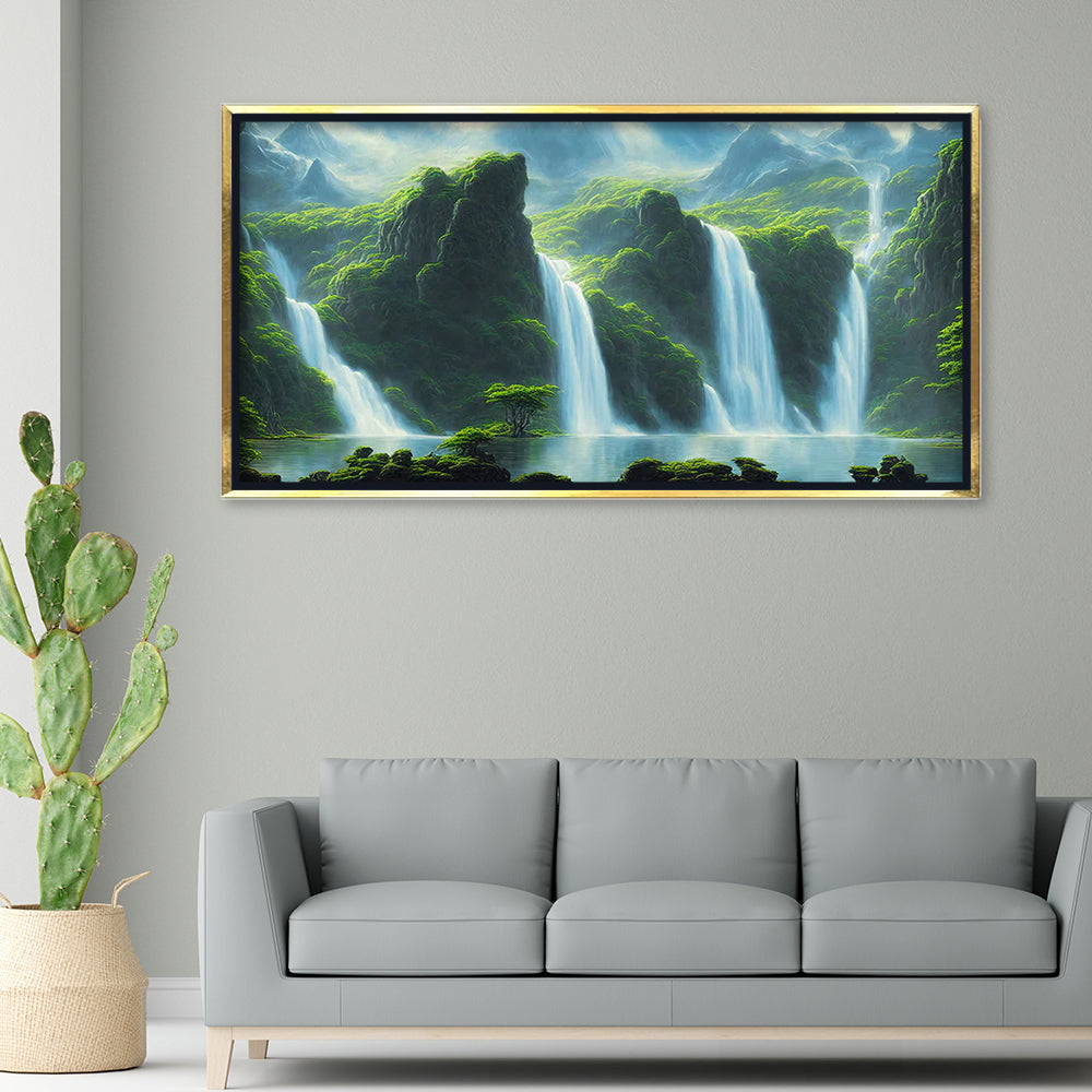 Premium Majestic Triple Waterfall Canvas Art | Lush Green Valley Landscape Painting