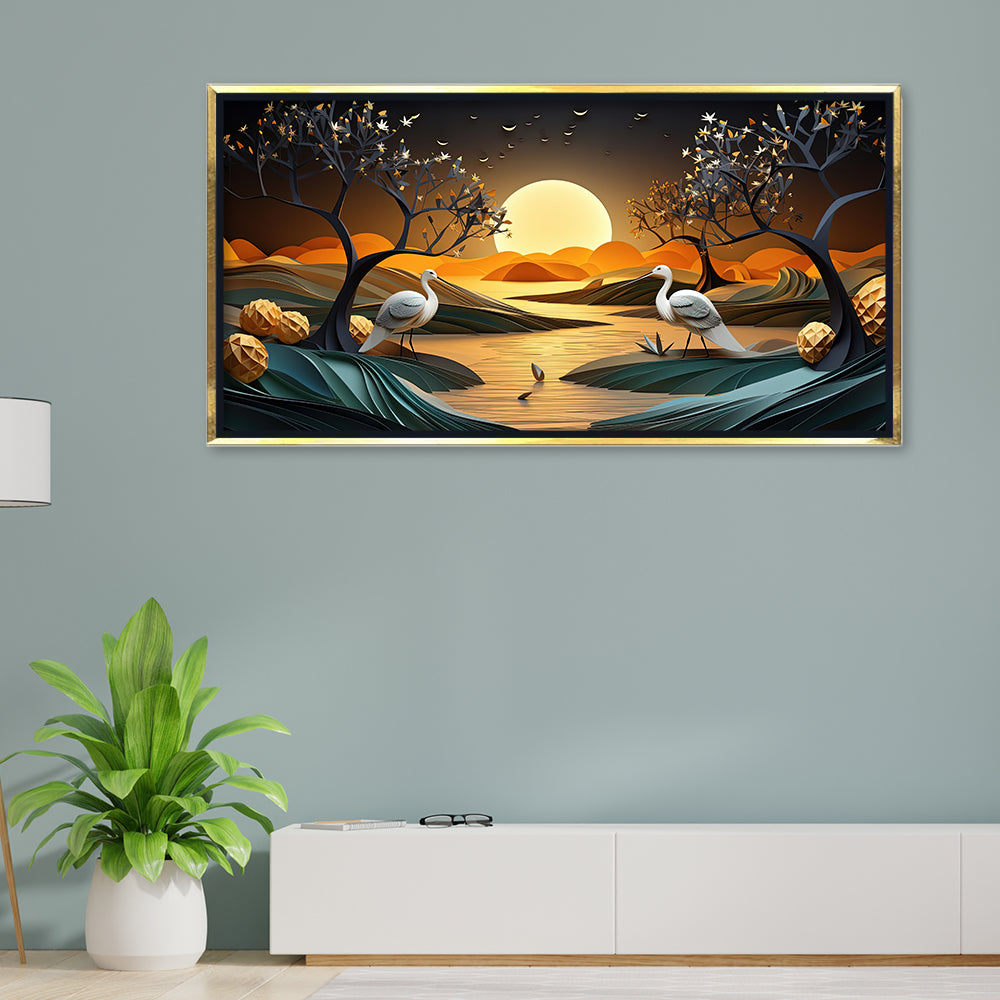 Golden Moonrise & Twin Cranes: High-Contrast Oriental Landscape – Premium Wall Decor
