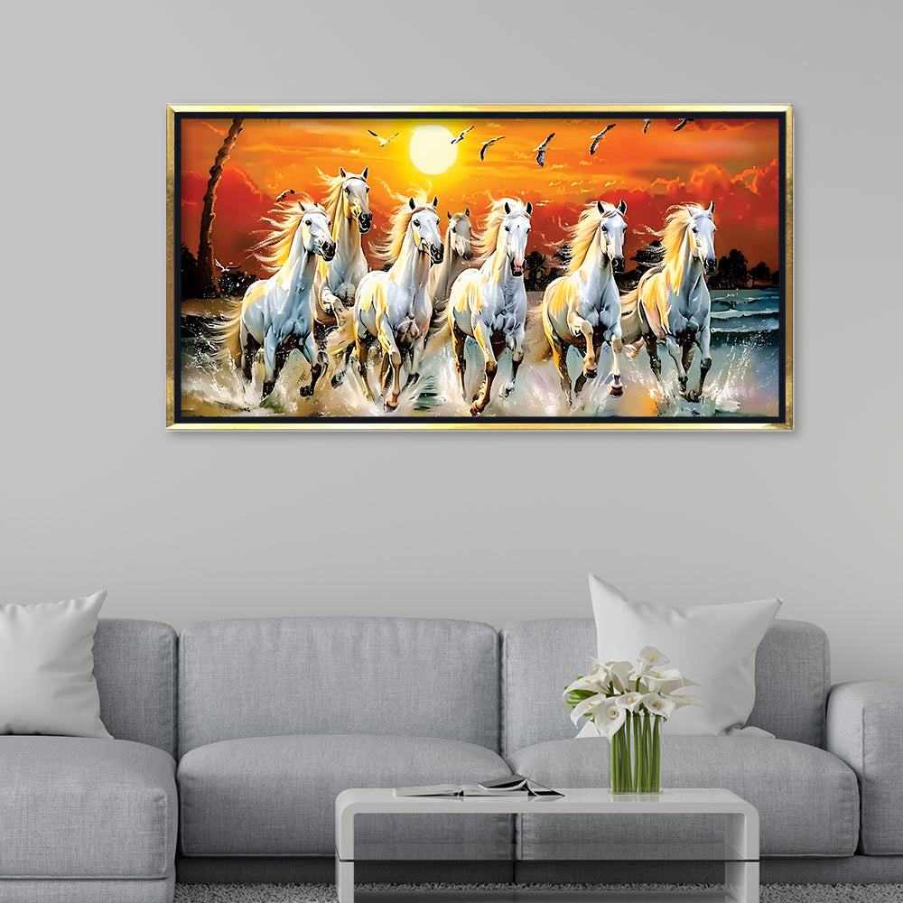 Premium 7 Running Horses at Sunrise Vastu Canvas Wall Painting with Floating Frame