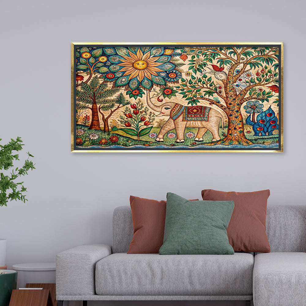 Premium Mithila Art Elephant & Tree of Life Painting | Traditional Madhubani Style Canvas Print for Wall Decor