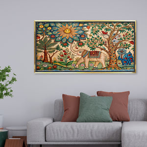 Premium Mithila Art Elephant & Tree of Life Painting | Traditional Madhubani Style Canvas Print for Wall Decor