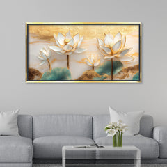 Premium 3D White Lotus Flower Wall Art | Gold Accented Floral Canvas Print
