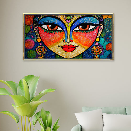 Premium Vibrant Goddess Face Wall Art | Abstract Folk Portrait Canvas Print