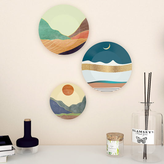 Wall Hanging Ceramic Wall Plates With Modern Art Scenery Design Set of 3