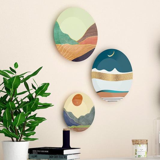 Wall Hanging Ceramic Wall Plates With Modern Art Scenery Design Set of 3