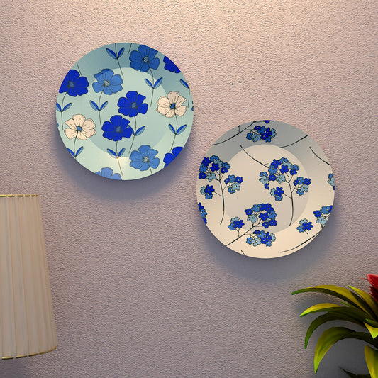 Luxury Decorative Ceramic Wall Plates With Blue Floral Pattern Design Set of 2