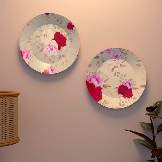 Luxury Decorative Ceramic Wall Plates With Beautiful Pink and Red Roses Floral Pattern Set of 2