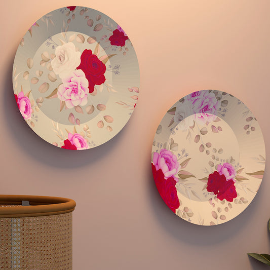 Luxury Decorative Ceramic Wall Plates With Beautiful Pink and Red Roses Floral Pattern Set of 2