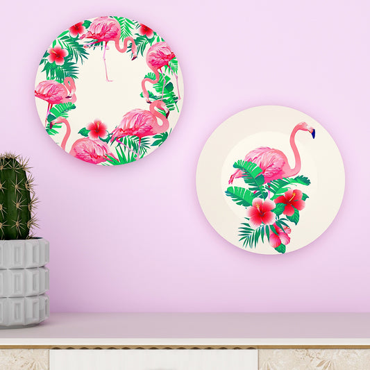 Set of 2 Flamingos With Tropical Background Round Shape Luxury Decorative Wall Plates