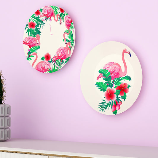 Set of 2 Flamingos With Tropical Background Round Shape Luxury Decorative Wall Plates