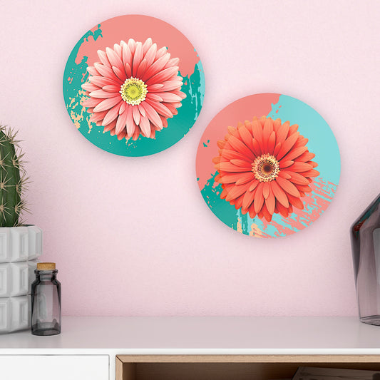 Daisy Floral Art Round Shape Luxury Ceramic Decorative Wall Plate Set of 2