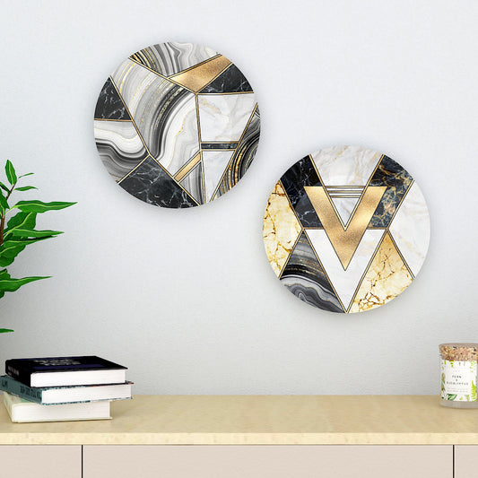 Marble Granite Agate Black Grey Gold Ceramic Decorative Wall Plate Set of 2