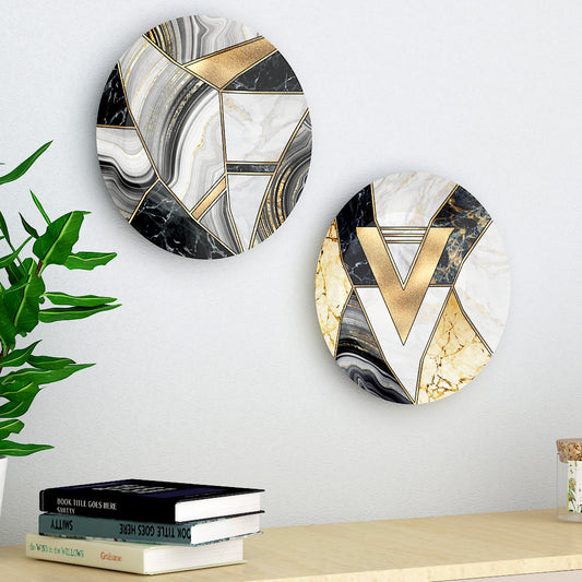 Marble Granite Agate Black Grey Gold Ceramic Decorative Wall Plate Set of 2