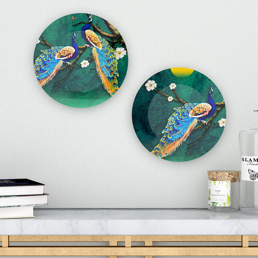 Set of 2 Beautiful Peacock Scenery Ceramic Vastu Wall Decorative Plates