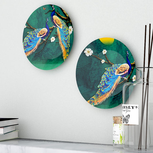 Set of 2 Beautiful Peacock Scenery Ceramic Vastu Wall Decorative Plates