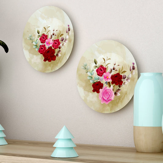 Multicolor Rose Flowers Elegance Designer Decorative Ceramic Wall Plates | Set of 2