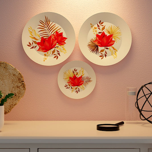 Modern Flowers & Golden Leaf Design Art Ceramic Wall Plates for Home Décor | Set of 3