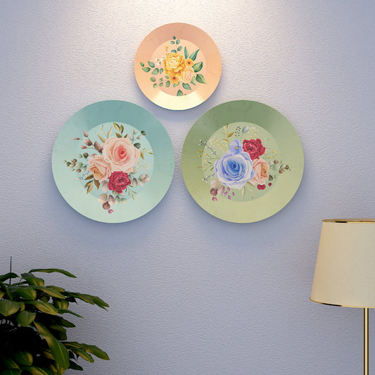 Multicolor Rose Flowers Bunch Ceramic Designer Decorative Wall Plate with Stand | Set of 3