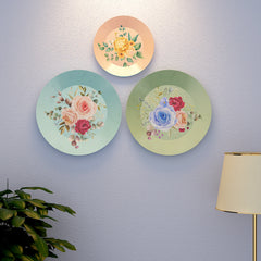 Multicolor Rose Flowers Bunch Ceramic Designer Decorative Wall Plate with Stand | Set of 3