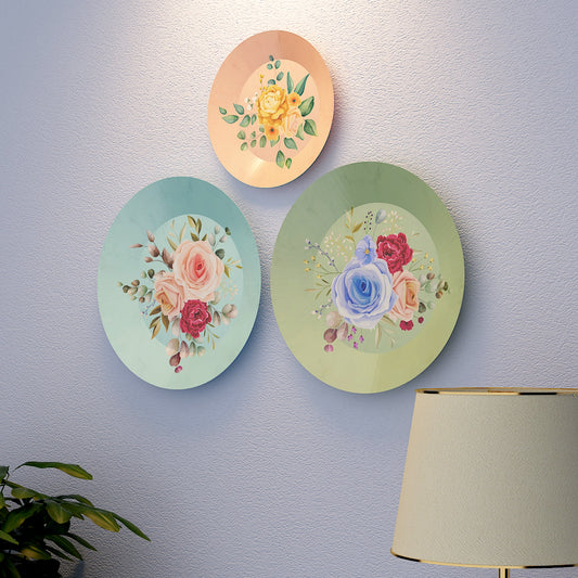 Multicolor Rose Flowers Bunch Ceramic Designer Decorative Wall Plate with Stand | Set of 3