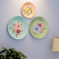 Multicolor Rose Flowers Bunch Ceramic Designer Decorative Wall Plate with Stand | Set of 3