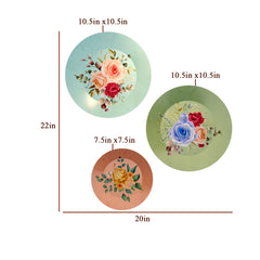 Multicolor Rose Flowers Bunch Ceramic Designer Decorative Wall Plate with Stand | Set of 3