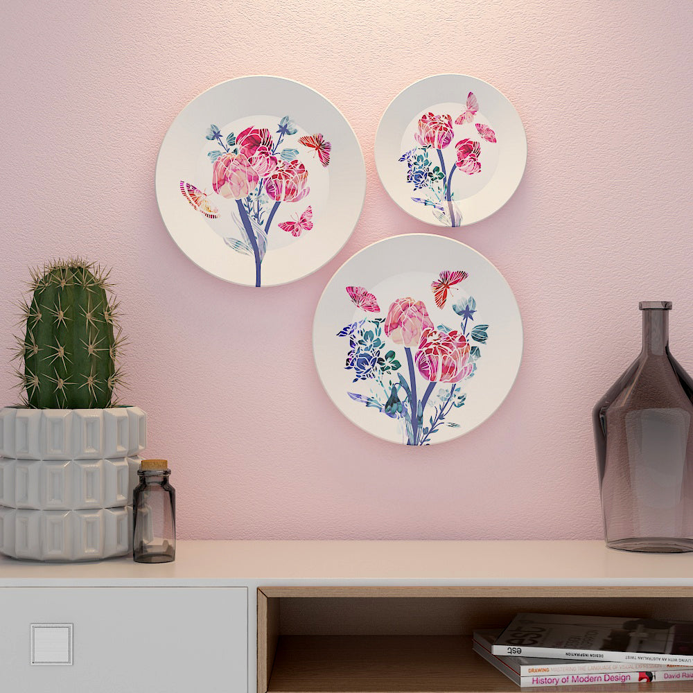 Beautiful Abstract Flower and Butterfly Decorative Ceramic Wall Hanging Plate with Stand | Set of 3