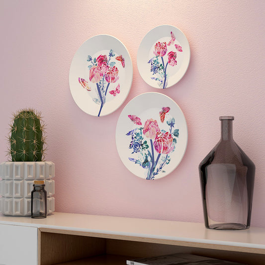 Beautiful Abstract Flower and Butterfly Decorative Ceramic Wall Hanging Plate with Stand | Set of 3