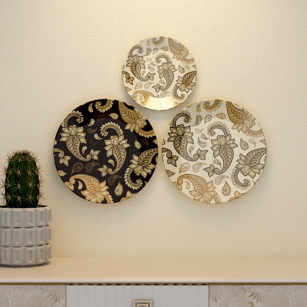 Paisley Print Ceramic Decorative Wall Plate with Stand | Set of 3