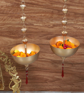 Hanging Gold Bowl Urli With Beads Set of 2