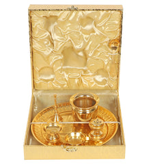 Gold Steel Pooja Thali With Velvet Box