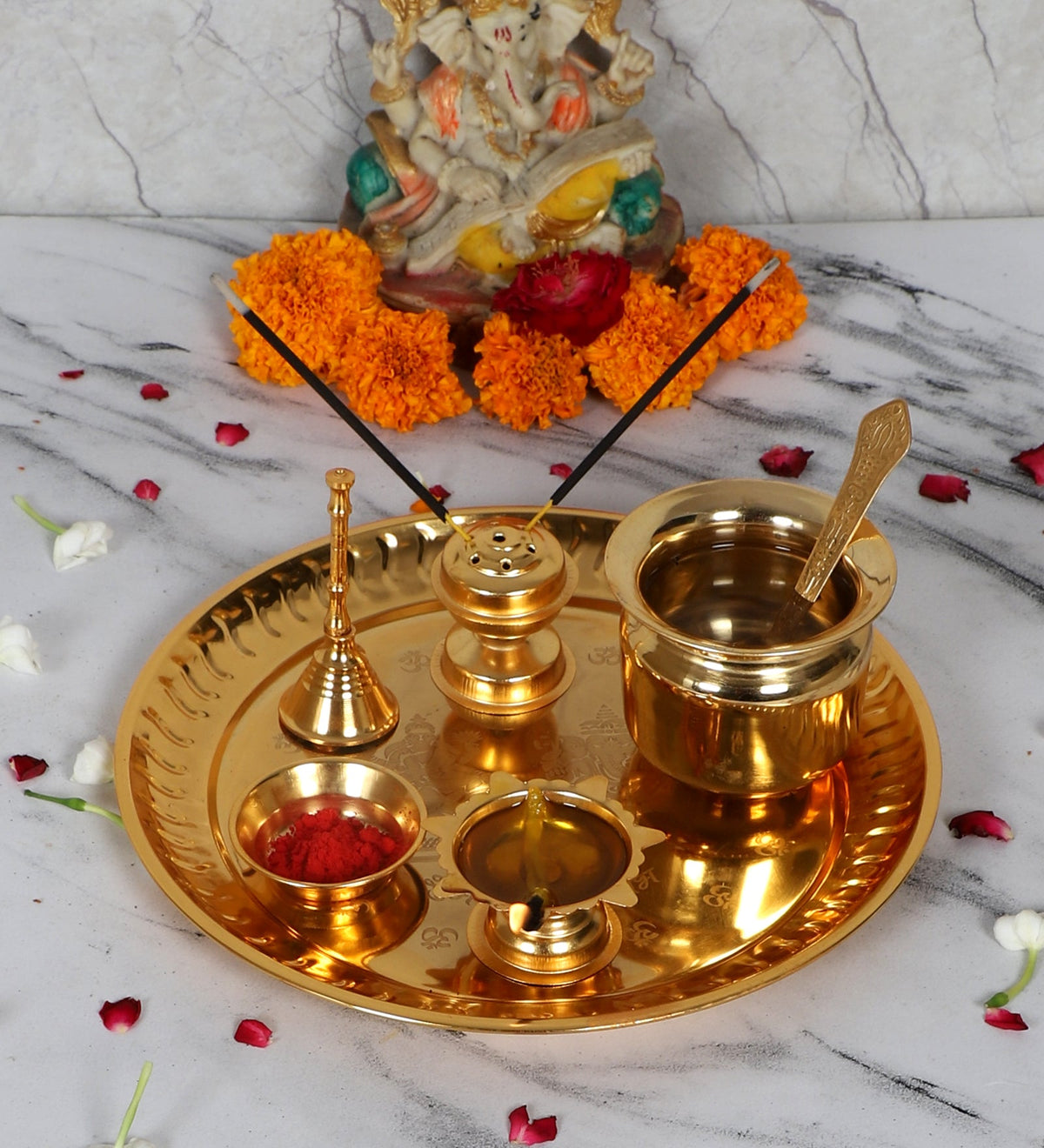 Gold Steel Pooja Thali With Velvet Box