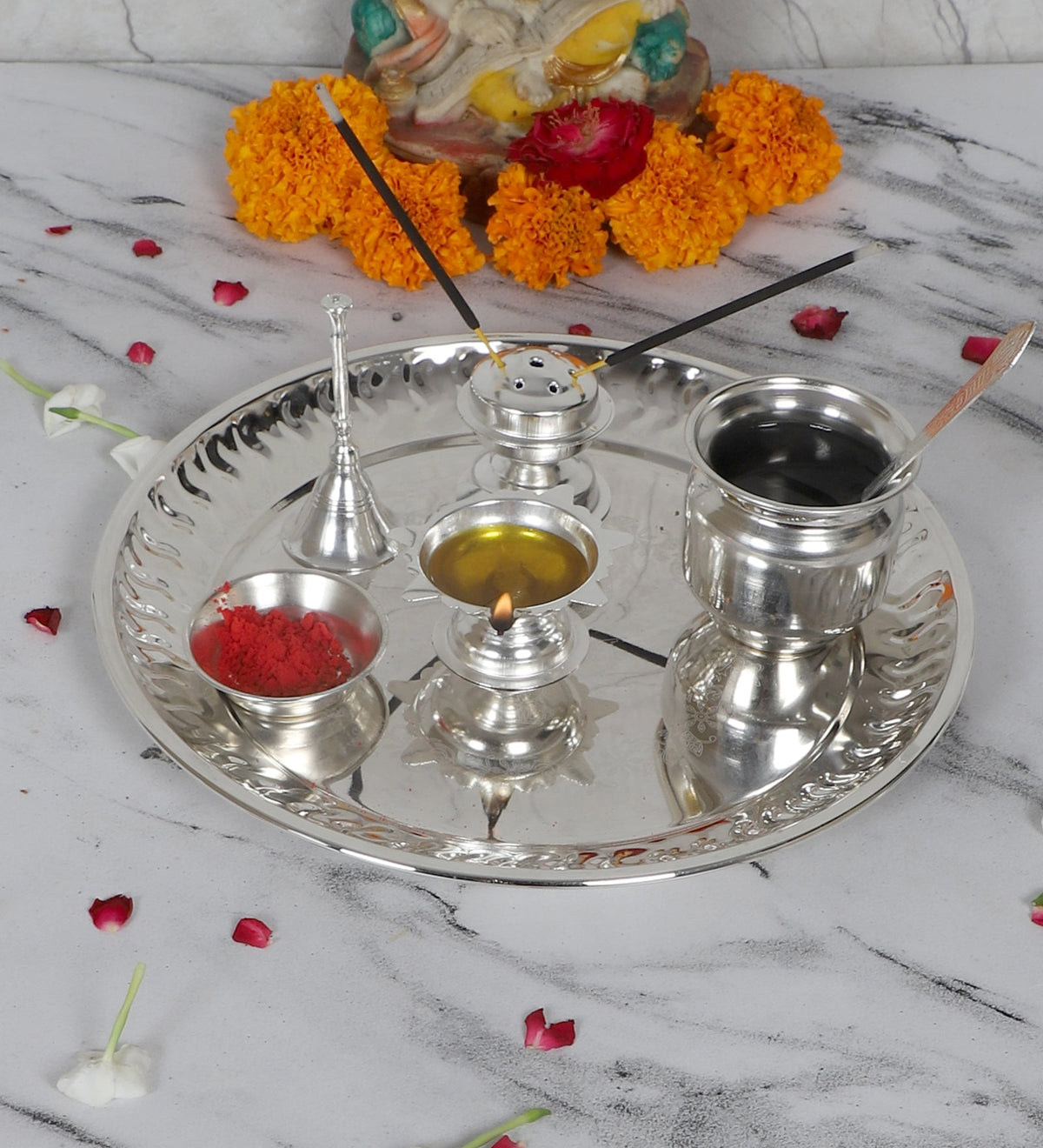 Silver Steel Pooja Thali With Velvet Box