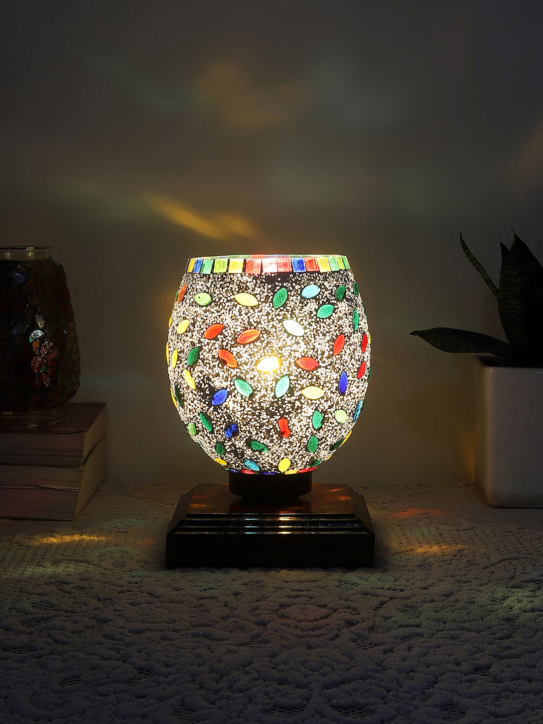 Mosaic Glass Table Lamp with wood Square Brown Base (NM22)