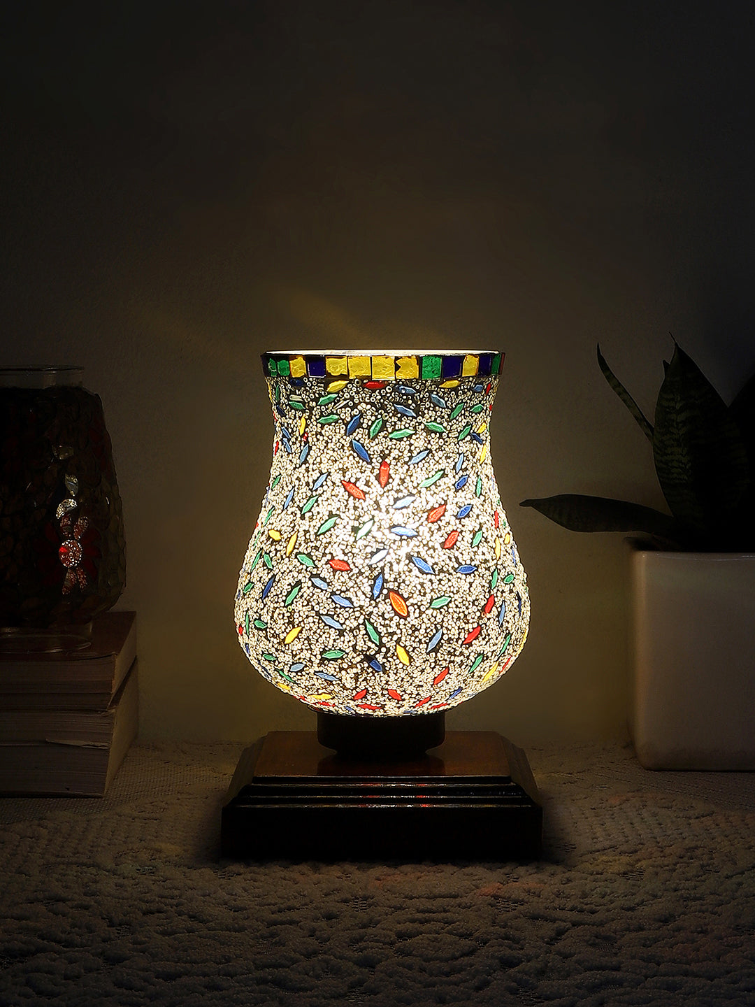 Mosaic Glass Table Lamp with wood Square Brown Base (NM24)