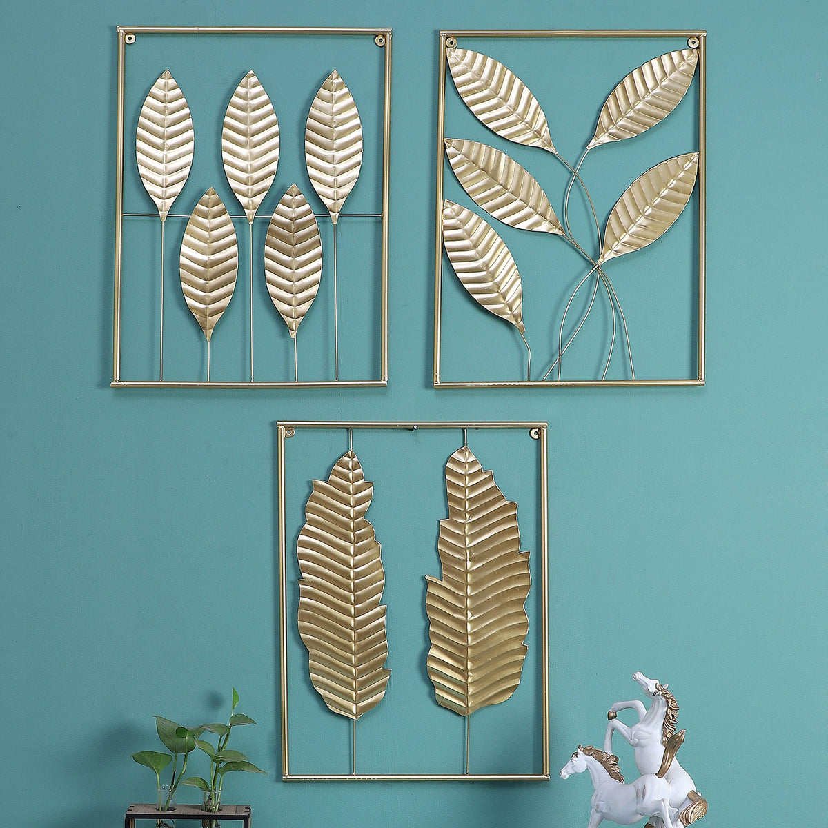 Gold Rectangular Leaves Wall Decor Set of 3