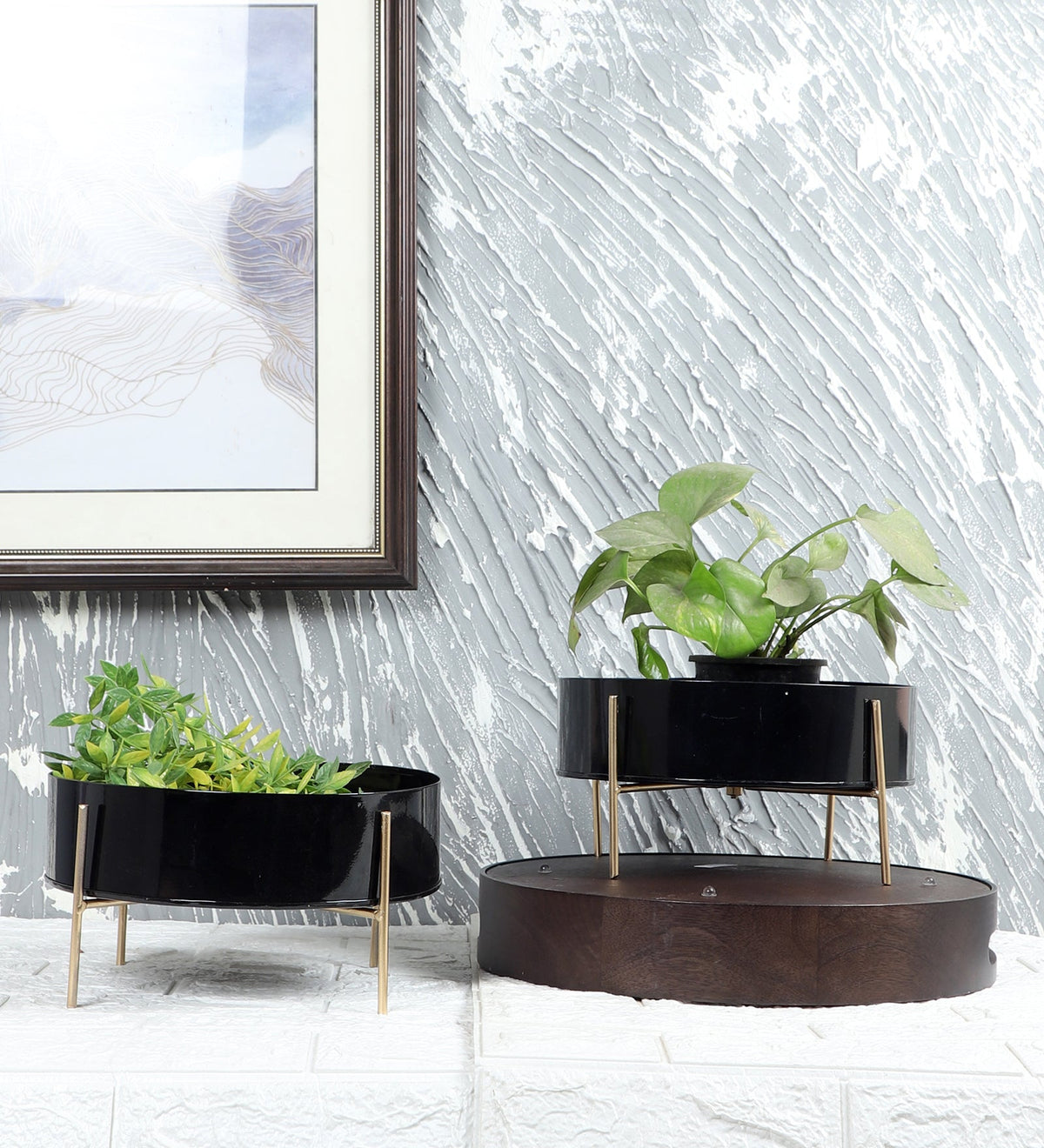 Round Black & Gold Table Planter with Stand Set of 2