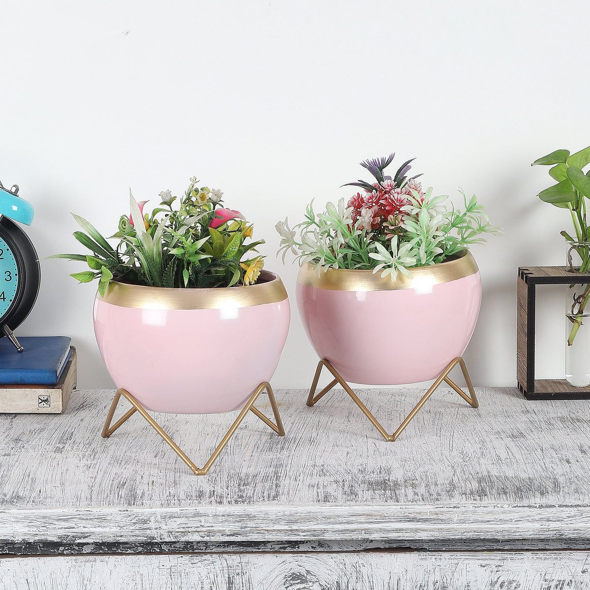 Apple Shape Metal Pink & Gold Planter Set of 2