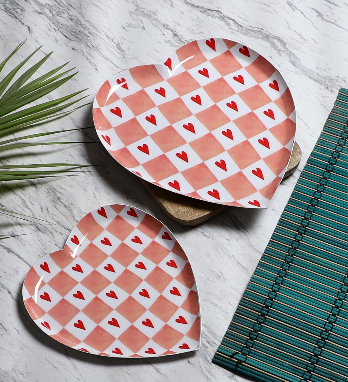 Pink Heart Shape Metal Platter Set of 2