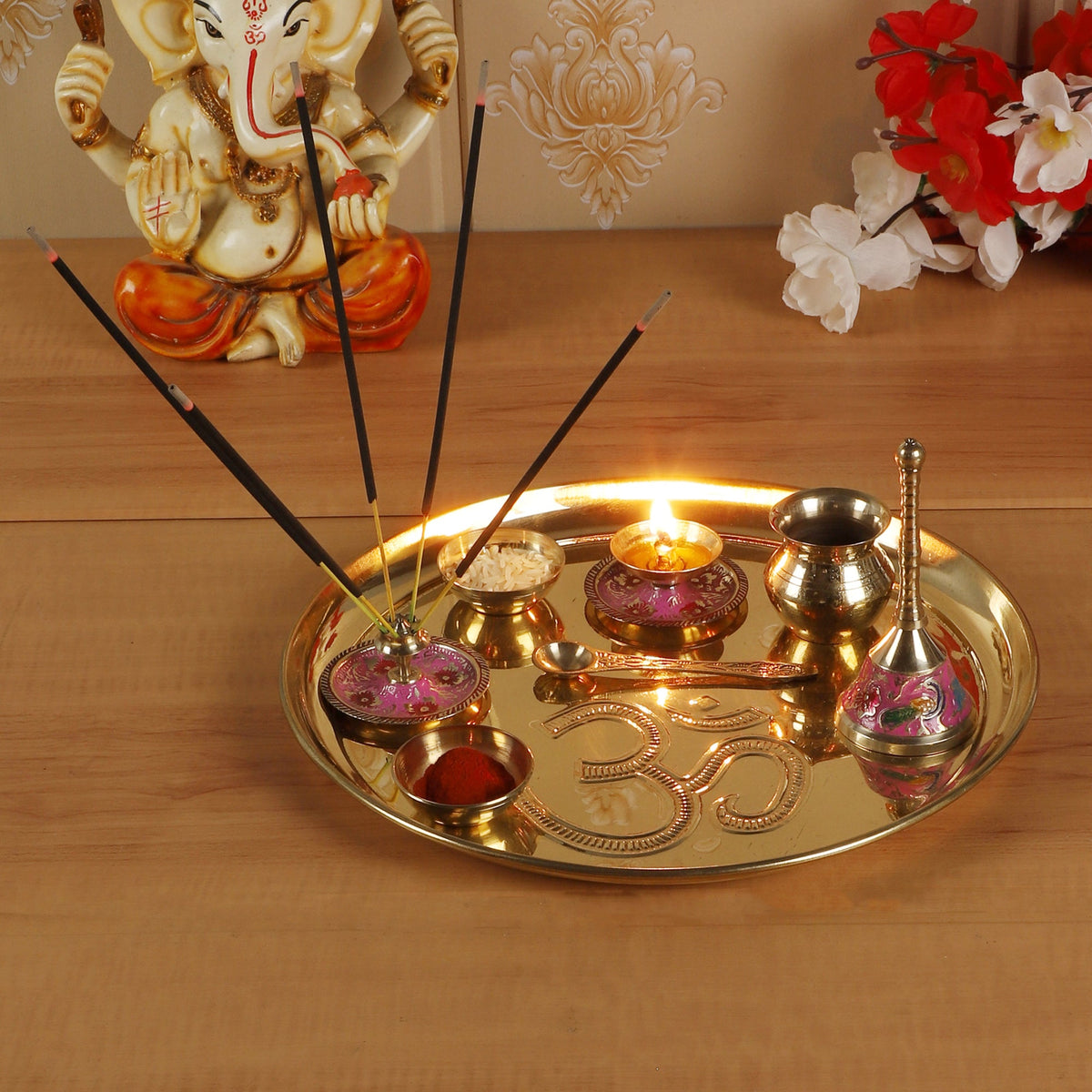 Om Brass Pooja Thali Set of 8