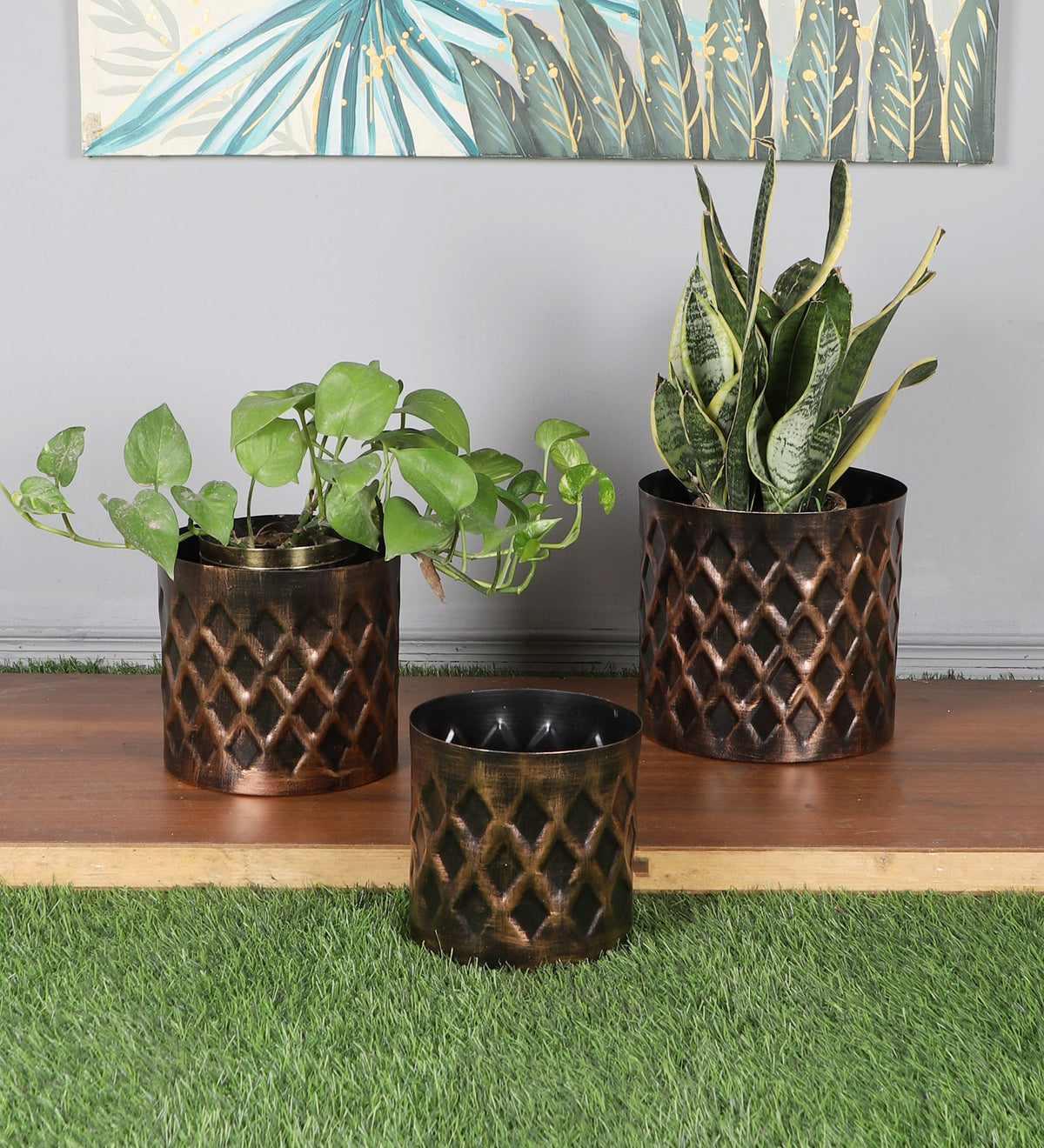 Black & Gold Cross Hammered Planter Set of 3