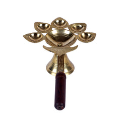 Brass Panch Aarti with Wooden Handle